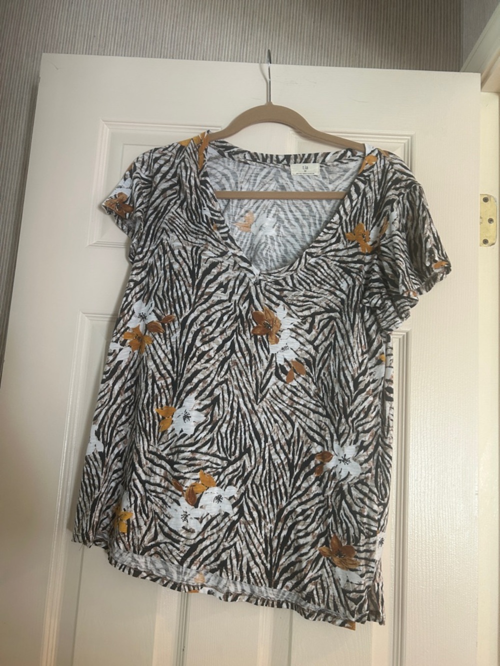 T.La Black, Brown and White Zebra Print Short Sleeve Tee with Mustard Floral